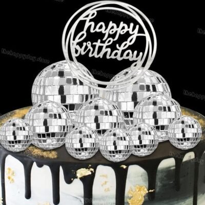 Disco Ball Cake Toppers – Silver Mirror Ball Cake Decoration 12 PCS