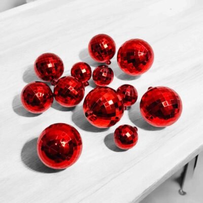 Disco Ball Cake Toppers – Red Mirror Ball Cake Decoration 12 PCS