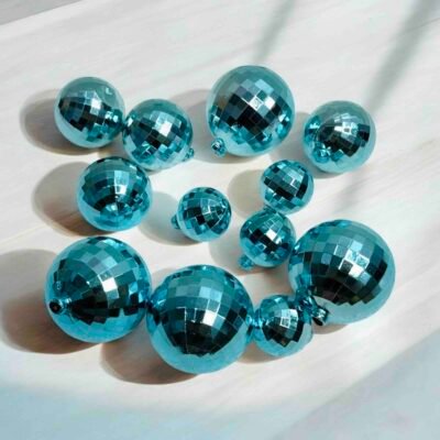 Disco Ball Cake Toppers – Blue Mirror Ball Cake Decoration 12 PCS